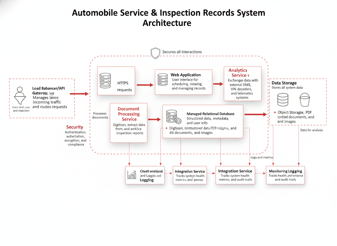 Automobile industry OCR process flow showing Service & Inspection Records digitization, Warranty & Invoice Capture, and Supply Chain Documentation management.